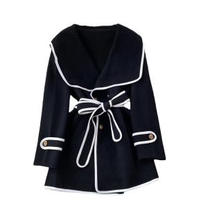 Fashion Navy Collar Loose Waist Woolen Coat Design Jackets for Women