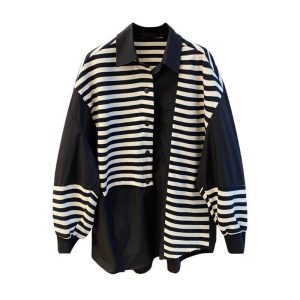 Women Clothing Patchwork Fake Two Sweatshirts Contrast Color Striped Casual Y2k Tops Fashion Oversized Hoodies