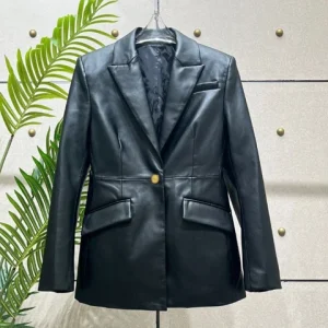 Solid Slimming Leather Blazer For Women Notched Collar Long Sleeve Tunic Patchwork Button Chic Blazers Female New