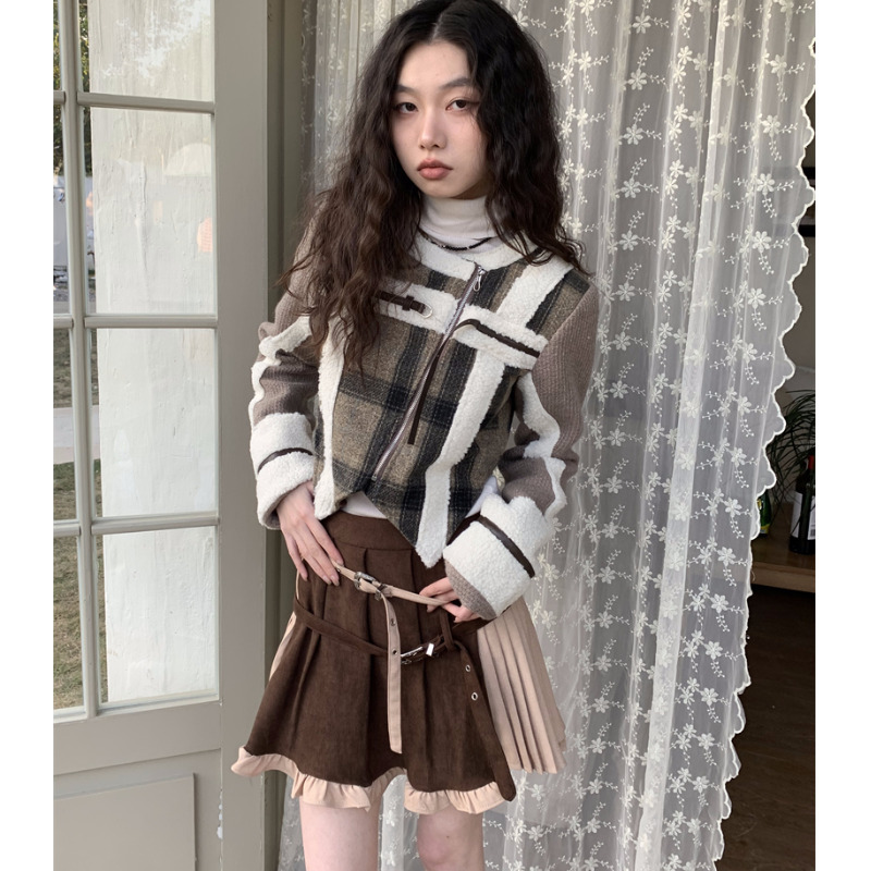 Plaid Spliced Jackets for Women Autumn Winter Vintage New O Neck Wool Coats Chic Zippers Long Sleeve Jackets - Image 5