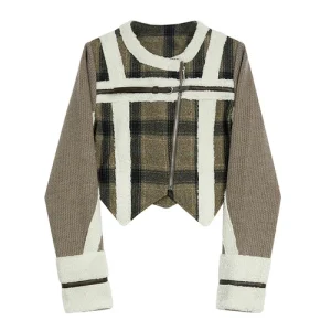 Plaid Spliced Jackets for Women Autumn Winter  Vintage New O Neck Wool Coats Chic Zippers Long Sleeve Jackets