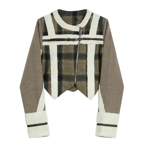 Plaid Spliced Jackets for Women Autumn Winter Vintage New O Neck Wool Coats Chic Zippers Long Sleeve Jackets