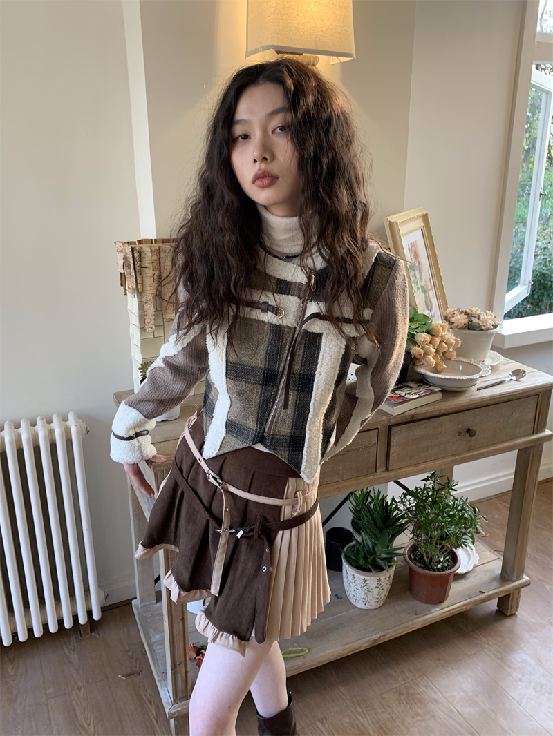 Plaid Spliced Jackets for Women Autumn Winter Vintage New O Neck Wool Coats Chic Zippers Long Sleeve Jackets - Image 2