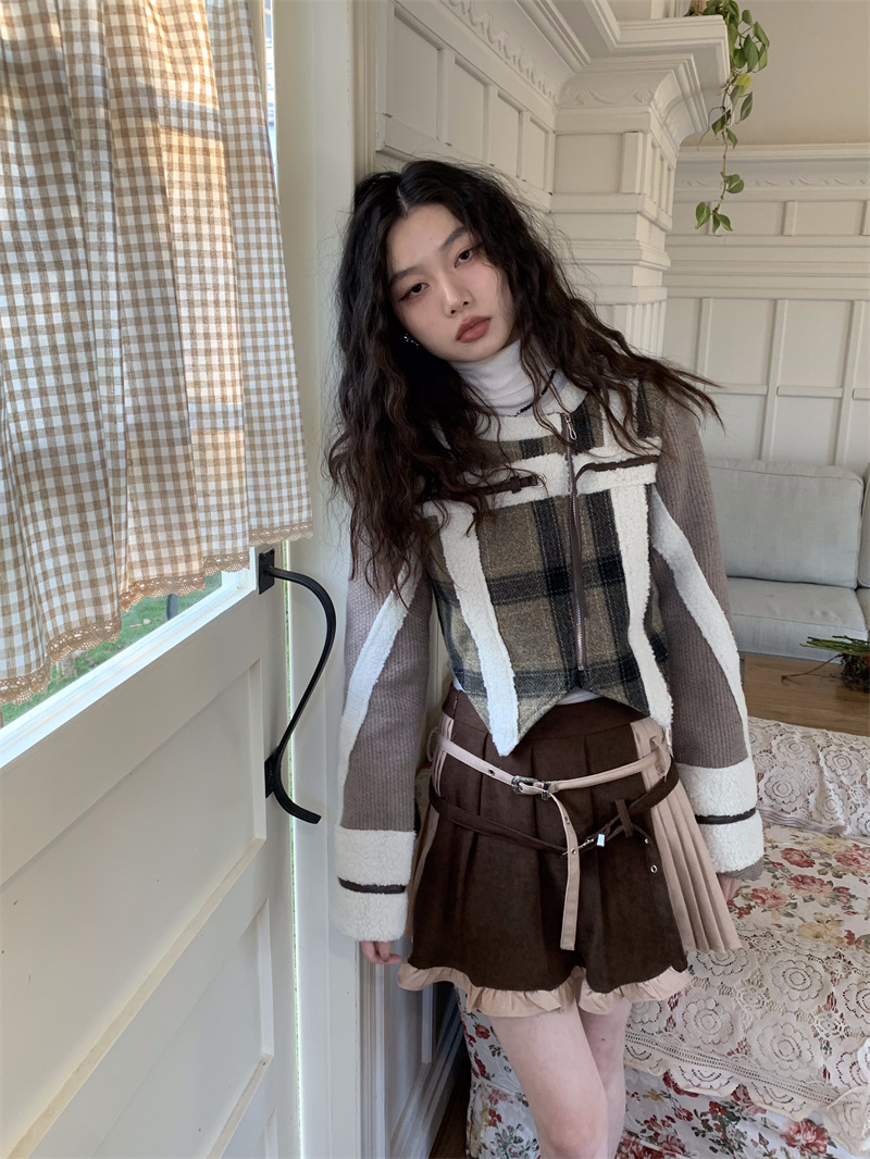 Plaid Spliced Jackets for Women Autumn Winter Vintage New O Neck Wool Coats Chic Zippers Long Sleeve Jackets - Image 3